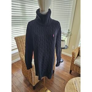 Ralph Lauren Sport Cableknit Turtleneck Sweater Dress Women's Size L Black